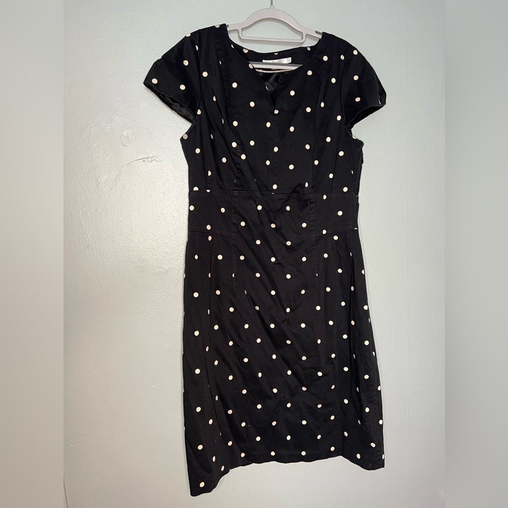 Boden black and white polka dot cap sleeve midi dress